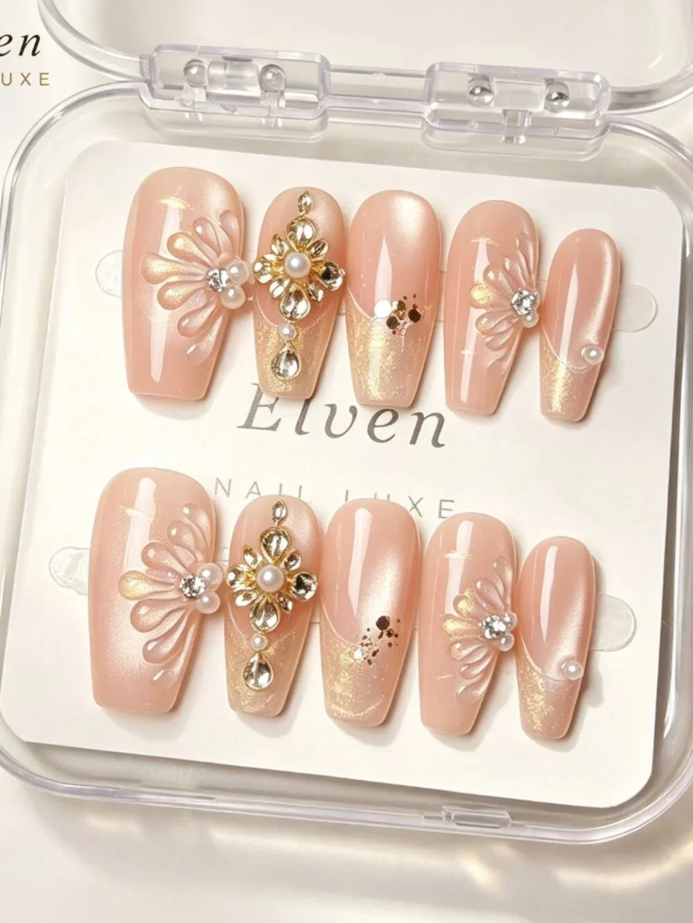 Luxury Bridal Medium Coffin Press On Nails Nude Cat Eye Gold Glitter 3D Pearl